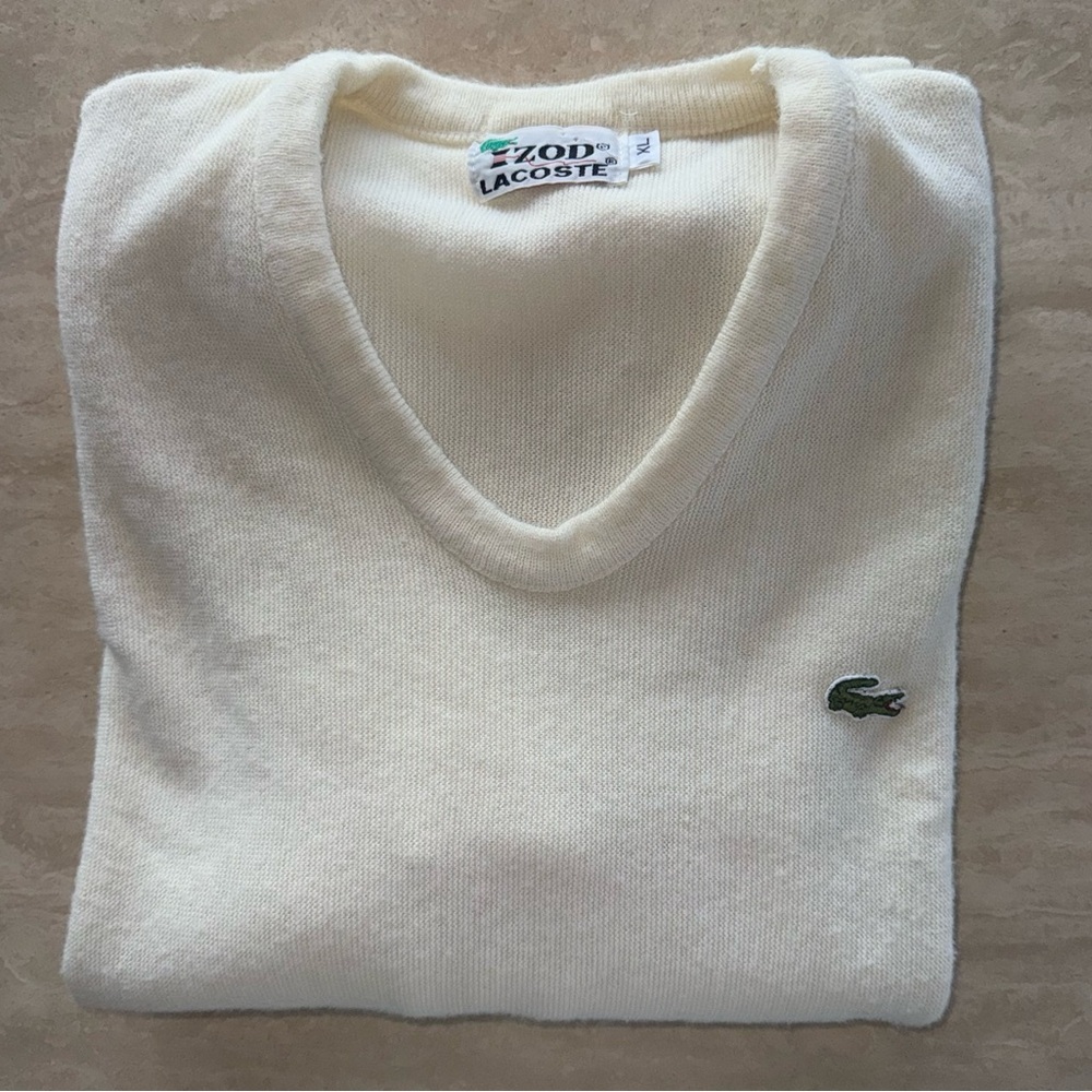 Izod Lacoste Off-White Long Sleeve V-Neck Knit Sweater Mens Size XL